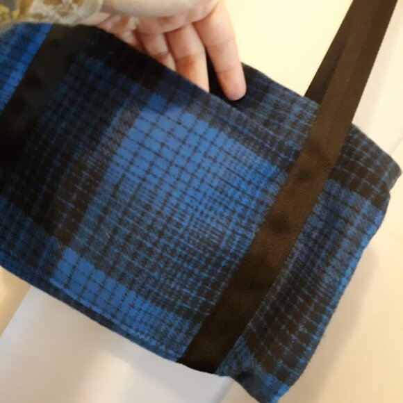 New Plaid Wool Twill Carpet Bag Blue Black classic Mini Duffle travel bag 12x6x6 - Picture 8 of 11